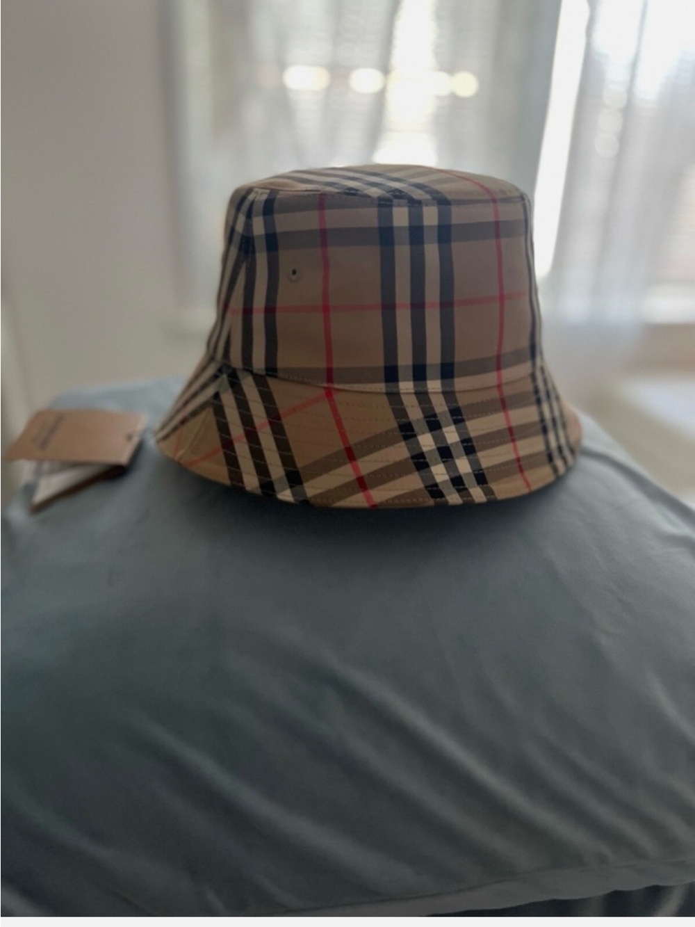 Burberry Beige Plaid Bucket Hat with Navy and Red Stripes